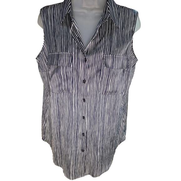 Jones New York Navy/Silver Stripe Sleeveless Blouse Button Up Sz M - Picture 1 of 6